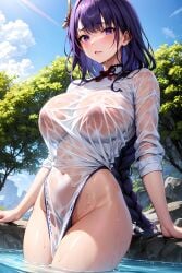 1girls ai_generated blush breasts female genshin_impact huge_breasts light-skinned_female light_skin long_hair outdoors purple_eyes purple_hair raiden_shogun stable_diffusion thighs wet wet_body wet_topwear