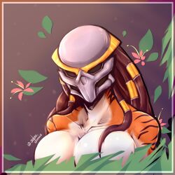 2d alien alien_girl breasts cleavage covered_nipples female female_focus female_only female_yautja gradient_background helmet large_breasts monty_nsfw monty_smug predator_(franchise) tiger_stripes video_games yautja