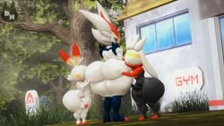 3boys 3d anthro balls big_ass big_butt bunny bunny_ears cinderace erection femboy hands_on_ass huge_ass looking_back male male_only nude nude_male penis pokemon raboot red_eyes red_nose scorbunny sfm thick_thighs totallyd white_body white_fur wide_hips