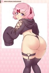 1girls accessory artist_name ass bangs big_ass big_butt black_clothing black_panties black_underwear bubble_butt clothed clothing cute cute_fang doki_doki_literature_club fang fat_ass_teen female hair_accessory hair_ornament hair_ribbon hair_ribbons hairclip large_ass light-skinned_female light_skin long_sleeves looking_at_viewer looking_back looking_back_at_viewer matching_hair/eyes natsuki_(doki_doki_literature_club) open_mouth panties pants_down pink_eyes pink_hair purple_hair raionart rear_view short_hair solo solo_female stockings swept_bangs thick_ass thick_thighs thighs tied_hair twintails underwear wide_hips