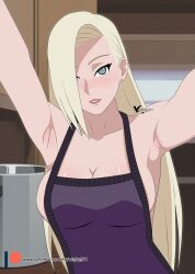 1girls agung911 apron apron_only armpits barely_clothed blonde_hair blue_eyes blush busty cleavage female female_only front_view functionally_nude hair_down hair_over_one_eye human indoors ino_yamanaka kitchen lipstick long_hair looking_at_viewer makeup mostly_nude naked_apron naruto naruto:_the_last naruto_(series) naruto_shippuden presenting presenting_breasts presenting_self selfie solo upper_body very_long_hair voluptuous yamanaka_ino