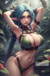 ai_generated arcane arcane_jinx big_breasts blue_eyes elf elf_ears elf_female fantasy female female_only forest innocent jinx_(league_of_legends) league_of_legends league_of_legends:_wild_rift long_hair xliljinxx