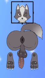 1boy ass ass_focus asshole balls blue_background eyepatch feet gay grey_ass grey_balls grey_body grey_butt grey_feet grey_fur grey_tail male male_only nintendo penis rapistwerewolf red_eyes star_fox through_wall wolf wolf_o'donnell wolf_tail