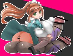 1futa 2_penises balls breasts brown_hair censored clothed clothing danganronpa diphallia diphallism erection futa_only futanari gigantic_breasts gigantic_penis huge_cock human hyper hyper_balls hyper_penis light-skinned_futanari light_skin long_hair mostly_clothed multi_penis nananana penis sitting_on_balls solo yukizome_chisa