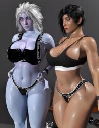 2girls 3d ana_bray belly big_breasts bimbo black_hair blue_eyes blue_skin breasts bungie curvy destiny_(game) destiny_2 gym_uniform hi_res hourglass_figure large_breasts looking_at_viewer mara_sov panties rude_frog shiny_skin short_hair sideboob sweat tank_top thick_thighs thighs thong voluptuous white_hair