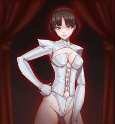 1girls breasts brown_hair corset crown_braid dominatrix elbow_gloves gloves hand_on_hip highleg highleg_panties laced_corset large_breasts latex latex_corset latex_gloves latex_panties latex_shrug leebigtree looking_at_viewer makoto_niijima navel panties persona persona_5 red_eyes short_hair shrug_(clothing) white_corset white_panties