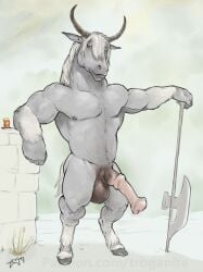 2022 animal_genitalia animal_penis anthro balls biped digital_drawing_(artwork) digital_media_(artwork) elden_ring equid equine equine_genitalia equine_penis erection fromsoftware fur genitals hair halberd hi_res holding_polearm holding_weapon hooves horn horse looking_at_viewer male mammal melee_weapon nipples penis polearm raisin solo standing torrent_(elden_ring) trogan voulge weapon