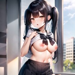 1girls ai_generated black_hair black_skirt breasts choclobollo female light_skin long_hair original original_character school_uniform skirt twintails