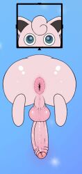 1boy ass_focus asshole balls big_penis blue_background blue_eyes jigglypuff male male_only nintendo pink_ass pink_balls pink_penis pink_skin pokemon pokemon_(species) rapistwerewolf through_wall