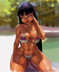 1girls big_breasts bikini black_hair brown_eyes chel cleavage dark-skinned_female dreamworks huge_breasts jeddrewlewd long_hair mesoamerican solo squatting the_road_to_el_dorado thick thick_thighs voluptuous wet wet_skin