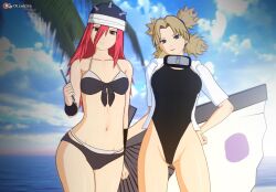 2girls bare_legs bare_shoulders big_breasts bikini blonde_hair breast_size_difference breasts cleavage curvaceous curvy curvy_figure fan female female_only flute folding_fan highleg highleg_bikini highleg_swimsuit holding_object hoodie instrument koikatsu kunoichi looking_at_viewer midriff multiple_girls musical_instrument naruto naruto_(series) naruto_shippuden ninja one-piece_swimsuit otsukira outdoors red_hair seaside small_breasts sunagakure_symbol swimsuit tayuya temari temari(genin) voluptuous weapon wide_hips young