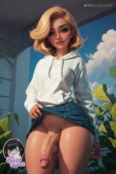 1futa ai_generated balls big_penis blonde_hair blue_eyes bottomless_skirt bulge_quest cute dickgirl flaccid futa_only futanari hoodie intersex lifting_skirt no_panties oc original original_character penis penis_out penis_under_clothes penis_under_skirt photoshop presenting_penis short_hair skirt skirt_lift solo watermark