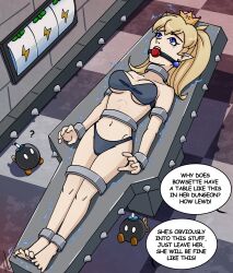 bikini blonde_hair blue_eyes bob-omb bondage bowsette dungeon electric electric_shock electricity electricity_play electro electrostimulation english_text fetish forced_orgasm gag heavensystemart kink kinky lying mario_(series) new_super_mario_bros._u_deluxe nintendo on_back on_table restrained restraints shock shocked shocking sozokureed sparks speech_bubble super_crown super_mario_bros. table tagme text