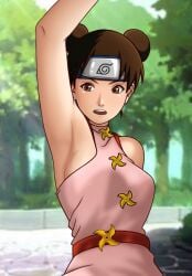 1girls armpit_fetish armpits arms_above_head arms_up bare_arms bare_shoulders brown_eyes brown_hair cleavage female female_focus female_only forehead_protector fully_clothed headband hi_res high_resolution highres konohagakure_symbol naruto naruto_(classic) naruto_(series) necroxxx open_mouth pinup pose posing shounen_jump sleeveless sleeveless_shirt small_breasts solo solo_female solo_focus standing tenten tomboy