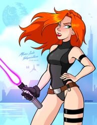 belt black_leotard bold-n-brash breasts fully_clothed glove green_eyes hand_on_hip leotard light_skin lightsaber lipstick mara_jade mara_jade_skywalker married purple_lightsaber red_hair solo star_wars star_wars_legends