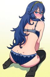 1girls 2016 akairiot artist_name ass back between_legs black_legwear black_thighhighs blue_bra blue_eyes blue_hair blue_lingerie blue_panties blush body_blush bow_panties bra buckle closed_mouth clothing commentary_request dimples_of_venus female female_only fire_emblem fire_emblem_awakening from_behind frown full_body gradient_background hair_between_eyes hand_between_legs highres lingerie long_blue_hair long_hair looking_at_viewer looking_back lucina_(fire_emblem) matching_underwear nintendo nose_blush panties seiza signature sitting soles solo spread_legs thighhighs tiara tsurime underwear underwear_only very_long_hair wariza yellow_background