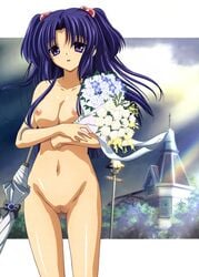 bouquet breasts clannad female flower flowers hair_bobbles high_resolution ichinose_kotomi medium_breasts navel nipples nude nude_filter photoshop purple_eyes purple_hair pussy solo umbrella vagina zenra