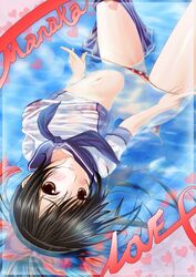 bikini bikini_pull black_hair bow female female_only hairbow human long_hair love_plus lying mizugi nisson ponytail school_uniform see-through serafuku sheer solo takane_manaka tied_hair water