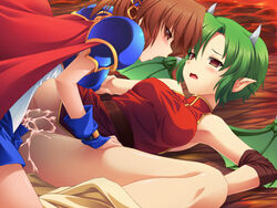 1futa 1girl1futa 1girls arle_nadja armor brown_eyes brown_hair cape censored cum demon_girl draco_centauros futanari green_hair horns intersex madou_monogatari open_mouth pointy_ears puyo_puyo puyo_puyo_fever sega sex tear wings