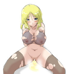 blonde_hair blush breasts censored clothing desperation erect_nipples golden_shower huge_breasts large_breasts oppai pee_squat_outdoors peeing sitting_pee stockings urine watersports