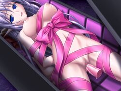 arms_behind blue_eyes bondage bound_in_box breasts censored femsub girl_in_a_box in_box in_container long_hair nipple_piercing nude oppai piercing ribbon ribbon_bondage silver_hair vibrator