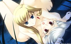 2girls aliasing arm arms bare_arms bare_legs bare_shoulders blonde_hair blue_eyes blush breasts dutch_angle female female_only highres jpeg_artifacts leaf legs lidia long_hair lying lying_on_person mole mole_under_eye multiple_girls nakamura_takeshi nude octavia on_back open_mouth parted_lips red_eyes short_hair silver_hair symmetrical_docking tear_to_tiara wallpaper yuri