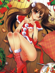 1girls anus breasts brown_background brown_eyes brown_hair christmas christmas_clothing christmas_socks floor floorboards food food_on_face innocent light-skinned_female nipples no_bra no_panties presents pussy ribbon sock tied_hair twintails uncensored