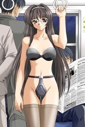 1girls black_hair chastity chastity_belt chastity_device exhibitionism female_chastity femsub glasses humiliation jii_tousaku long_hair megane nonude orgasm_control public steel_bondage takatsuki_noboru