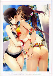 ass assisted_exposure bikini bikini_lift black_hair breast_press breasts brown_eyes brown_hair dark_skin earrings female flower hair_flower hair_ornament highres hug jewelry lift long_hair mikazuki_akira mizugi multiple_girls navel original page_22 panties panty_lift short_hair side-tie_bikini striped striped_bikini striped_swimsuit swimsuit symmetrical_docking tan tanline tanlines tanned tied_hair tri-moon! twintails underwear water wedgie yuri