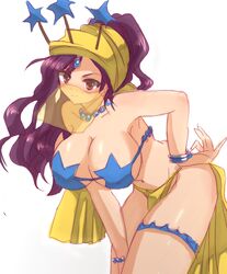 1girls 2015 armpits belly_dancer belly_dancer_outfit bent_over bikini bikini_top blush breasts brown_eyes cleavage clothing dancer dancer_outfit female female_only hand_on_hip hand_on_own_thigh hand_on_thigh harem_girl harem_outfit headscarf highres human jewelry jojo's_bizarre_adventure large_breasts leaning_forward light-skinned_female light_skin loincloth long_hair midler minnku navel necklace nipple_bulge pearl_necklace pose purple_hair revealing_clothes see-through shounen_jump simple_background smile solo star stardust_crusaders thick_thighs thigh_strap thighs veil villainess white_background wristband