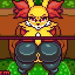 angry_face animated anthro anus ass big_breasts big_butt breasts countmoxi delphox digital_media_(artwork) duo female fur furry generation_6_pokemon genitals glory_wall humanoid looking_at_viewer nintendo pixel_(artwork) pokemon pokemon_(species) pussy solo stuck stuck_in_wall through_wall