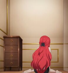 1girls amelia_rose ass big_ass dressing_room feet female female_only from_behind highres hyouken_no_majutsushi_ga_sekai_wo_suberu legs long_hair panties red_hair screencap sitting solo stitched thighs third-party_edit underwear