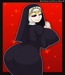 1girls alduinafterdark ass black_sclera blonde_hair breasts colored_sclera covered_erect_nipples curvy double_(skullgirls) habit huge_ass huge_breasts jewelry necklace nun one_eye_closed red_background red_eyes skullgirls smile solo wide_hips