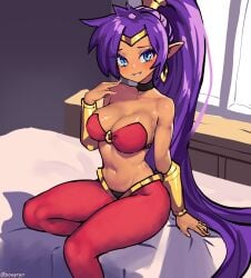 1girls ai_generated arm_support bed big_breasts blue_eyes breasts busty cleavage dark-skinned_female dark_skin female female_only highres large_breasts legs long_hair looking_at_viewer midriff navel o-ring o-ring_top pants poegryn ponytail shantae shantae_(character) sitting smile smooth_skin solo thighs very_long_hair wayforward