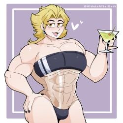 1boy abs alduinafterdark alduingijinka ambush_(trap) black_nails blonde_hair bulge cup dio_brando drink drinking_glass fangs femboy femboy_vampire gay holding jojo's_bizarre_adventure large_pectorals long_hair looking_at_viewer male male_focus male_only muscular muscular_male open_mouth orange_eyes pectorals scar scar_on_neck smile solo stardust_crusaders swimsuit thick_thighs thighs vampire