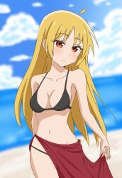 1girls beach big_breasts bikini black_bikini blonde_hair bocchi_the_rock! breasts busty cleavage female female_only highres ijichi_seika large_breasts legs long_hair looking_at_viewer navel ocean red_eyes sarong smile solo swimsuit thighs water