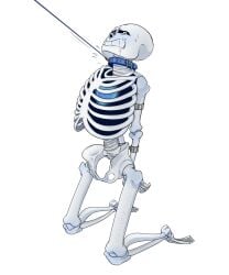 animated_skeleton arms_behind_back blue_blush blue_collar blush bound_arms bound_hands collar completely_naked completely_nude drooling hands_behind_back kneel leash leash_and_collar leash_pull naked nsfwgarbagedump_(artist) nude sans skeleton solo sweat undertale undertale_(series) white_background