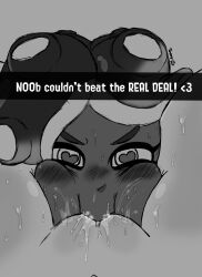 2girls between_thighs caption cunnilingus dark-skinned_female dark_skin heart-shaped_pupils hearts_in_eyes lewdtoonyguy marina_(splatoon) monochrome pale-skinned_female pearl_(splatoon) pussy slobber sloppy splatoon splatoon_(series) splatoon_2 yuri