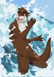 anthro balls brown_body brown_eyes brown_fur fur genitals hi_res male mammal mustelid nude one_eye_closed open_mouth otter outside penis river_otter rudderbutts sami_(rudderbutts) skrawl smile solo tail teeth water wave whiskers