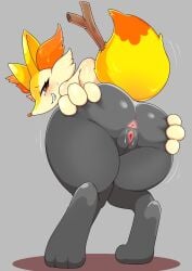 anthro anus ass biped black_body blush bodily_fluids braixen censored female fur generation_6_pokemon genitals grey_background hi_res inner_ear_fluff looking_back mosaic_censorship nintendo orange_body orange_eyes orange_fur pokemon pokemon_(species) presenting presenting_hindquarters pussy rear_view sarumoji simple_background smile solo spreading stretching sweat sweatdrop tuft yellow_body yellow_fur