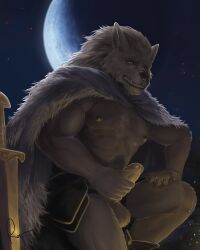 anthro balls blaidd_(elden_ring) canid canine canis cape clothing elden_ring erection fangs fromsoftware fur genitals hi_res looking_down male male_only mammal masturbation melee_weapon moon muscular muscular_anthro muscular_male nipples outside penis rov solo sword teeth weapon wolf