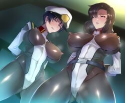 2girls ahe_gao big_breasts big_thighs blush breasts busty erect_nipples erect_nipples_under_clothes female gundam gundam_seed harunori_oogami huge_breasts huge_thighs large_breasts large_thighs leotard mature_female milf murrue_ramius natarle_badgiruel thick_thighs thighs tights voluptuous