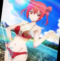 1girls accurate_art_style alternate_hairstyle amelia_rose beach big_breasts bikini bra breasts busty cleavage double_bun female female_only hair_bun hand_on_hip highres hyouken_no_majutsushi_ga_sekai_wo_suberu large_breasts navel ocean pose posing red_bikini red_eyes red_hair screencap sensual smile solo stitched swimsuit third-party_edit twintails underwear voluptuous water