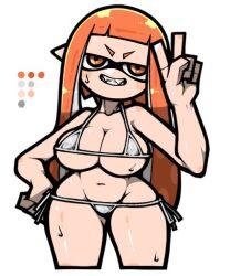 1girls big_breasts big_eyes bikini breasts cleavage female_only hand_on_hip inkling inkling_girl kaori_(splatoon) lowleg_bikini name_omoitukan2 nintendo omoitukan2 peace_sign solo splatoon splatoon_(series) string_bikini v