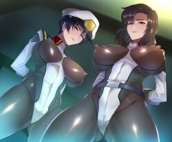 2girls big_breasts big_thighs breasts busty erect_nipples erect_nipples_under_clothes female gundam gundam_seed harunori_oogami huge_breasts huge_thighs large_breasts large_thighs leotard mature_female milf multiple_girls murrue_ramius natarle_badgiruel thick_thighs thighs tights voluptuous