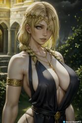ai_generated alternate_hairstyle big_breasts breasts cleavage cleavage_cutout clothed_female clothes dress elden_ring female fromsoftware goddess gold_jewelry light-skinned_female light_skin milf nipple_bulge nipples_visible_through_clothing queen queen_marika_the_eternal secret_room12 stable_diffusion