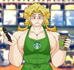 1boy alduinafterdark apron birthmark black_nails blonde_hair blush cafe coffee coffee_cup cup dio_brando disposable_cup earrings fangs gay iced_latte_with_breast_milk jewelry joestar_birthmark jojo's_bizarre_adventure large_pectorals long_hair male male_focus male_only meme muscular muscular_male naked_apron nipples orange_eyes pectorals scar scar_on_neck stardust_crusaders