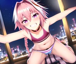 ai_generated arms_out astolfo_(fate) braid cityscape crop_top fate/apocrypha fate/grand_order fate_(series) femboy girly kneeling male night pink_eyes pink_hair smile smiling striped_panties
