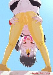 1girls ass bird_girl common_gull_(kemono_friends) happy looking_back nakashi_masakumi ookami_depth spreading underboob upside-down