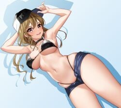 1girls arm_behind_head arms_up baseball_cap big_breasts bikini breasts brown_eyes brown_hair busty cleavage d4dj denim denim_shorts dopamine70 female female_only hat highres large_breasts legs long_hair looking_at_viewer navel shorts smile swimsuit thighs thong_bikini unbuttoned unzipped voluptuous yamate_kyouko